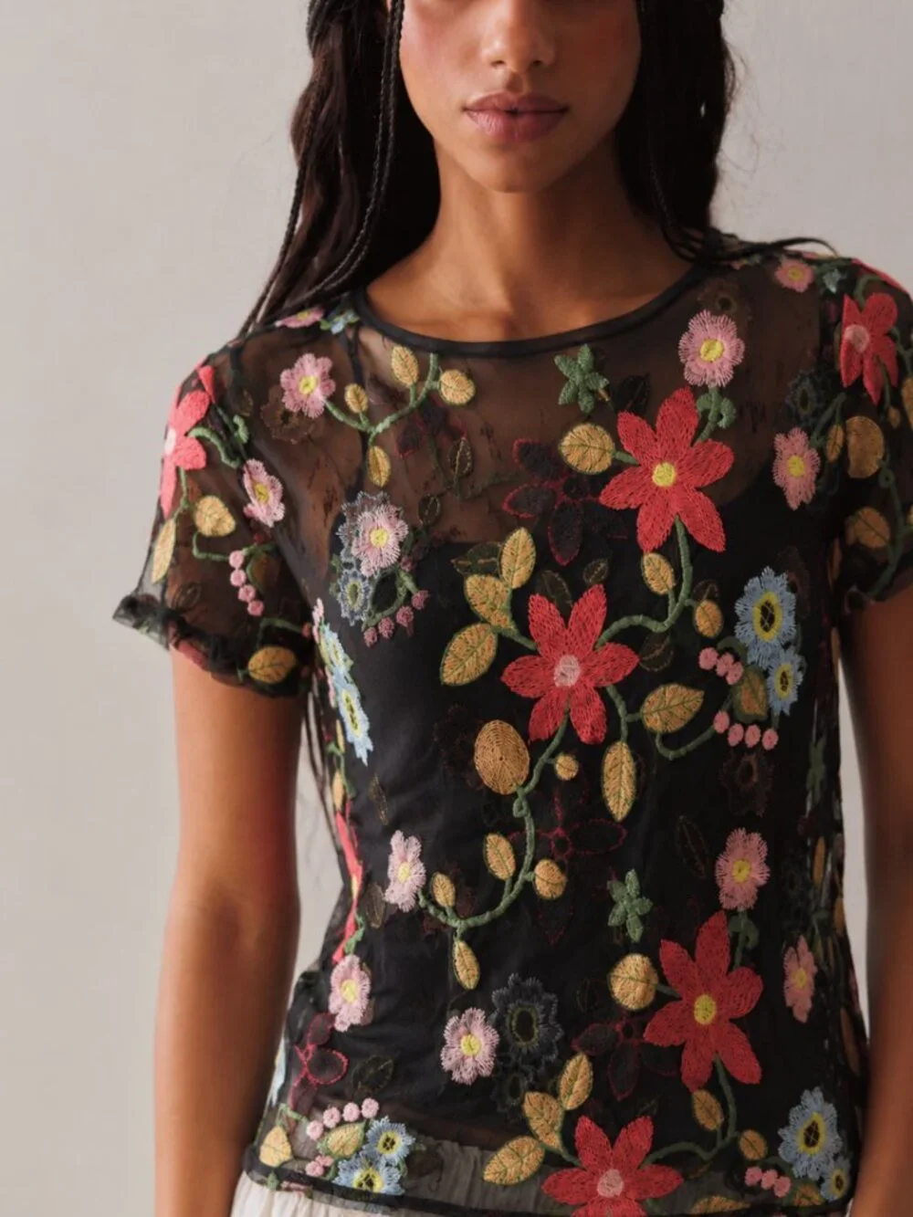 BOUTIQUE HIPPEE HARVEST EMBROIDERED MESH TOP - Picture 1 of 4